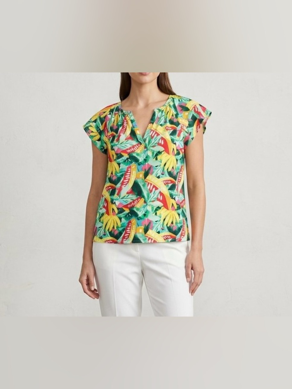 Anthropologie Calligraphy Tropical Banana Linen Blend Ruffle Blouse Size S Boho